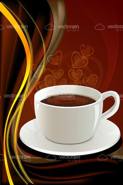 Illustrated Coffee Cup on Background with Hearts and Swirls